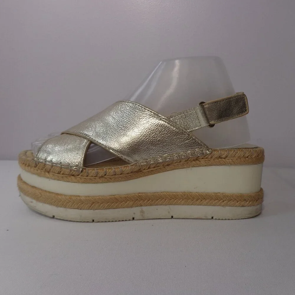 Marc Fisher Metallic Gold Leather Espadrille Platform Wedge Sandal Womens Sz 7.5